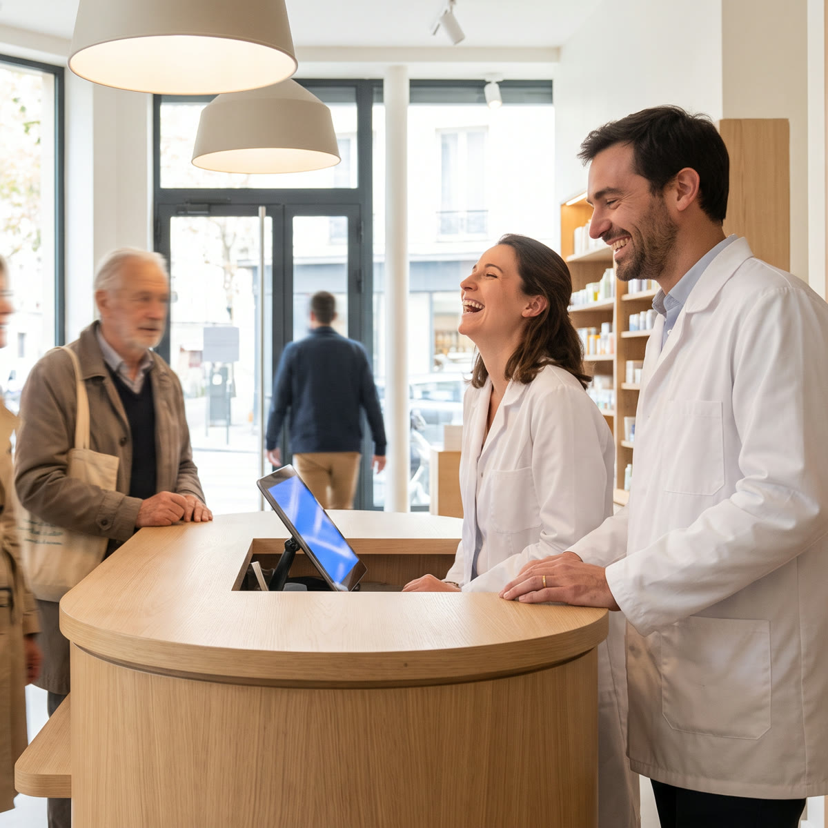 Due farmacisti sorridenti al bancone in legno di una farmacia luminosa, di fronte a un cliente