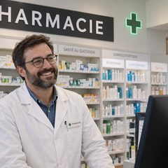 Un farmacista al banco della sua farmacia