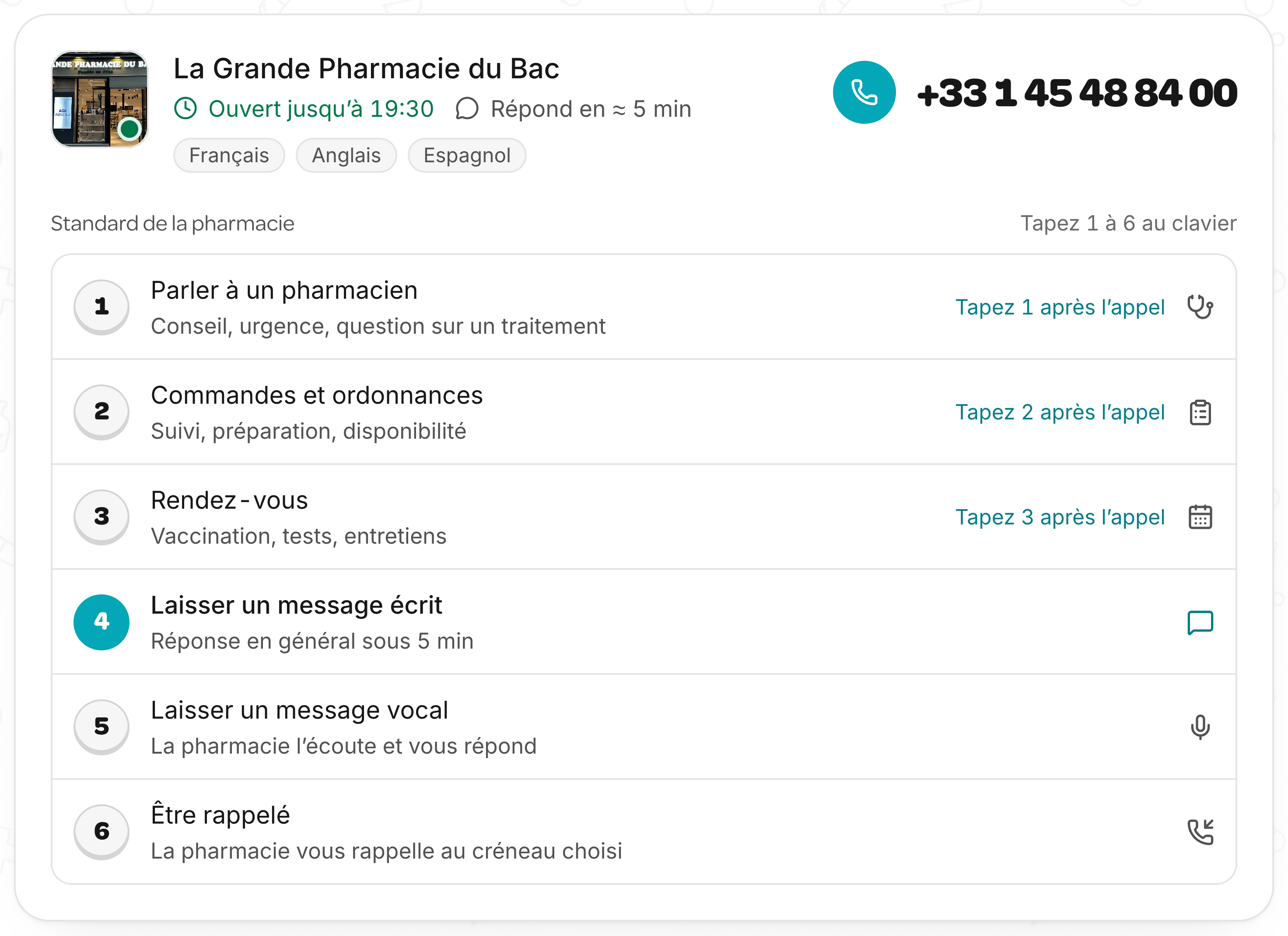 Widget «Centralino della farmacia»: parlare con un farmacista, ordini e ricette, appuntamenti, lasciare un messaggio, essere richiamati.
