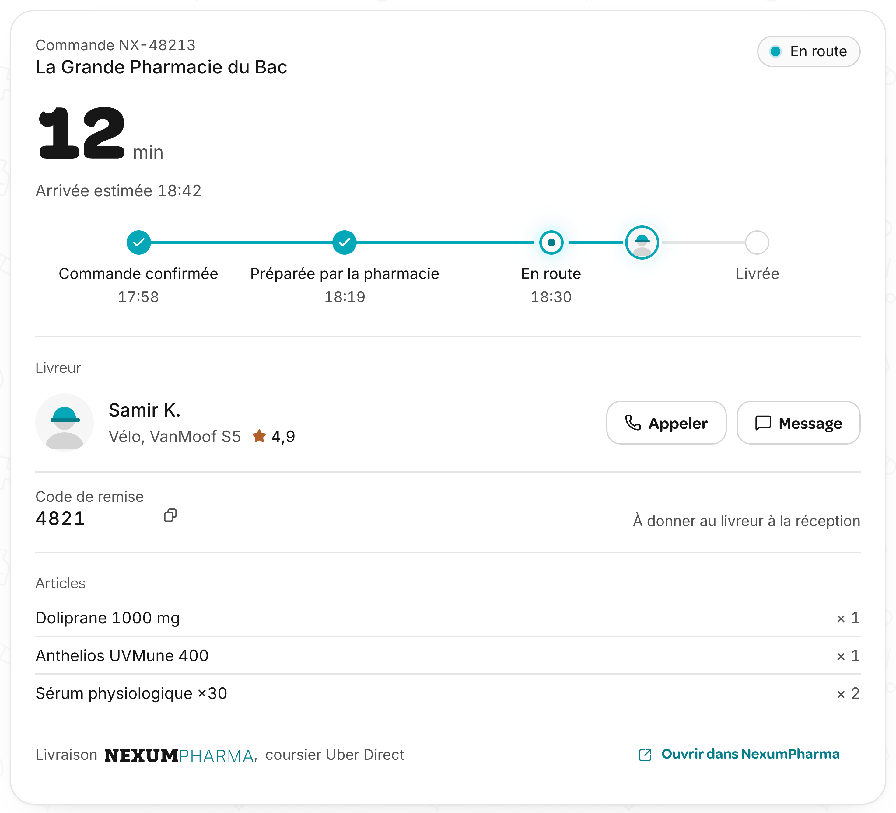 Widget de suivi de livraison : douze minutes restantes, étapes de la commande, coursier à vélo et code de remise