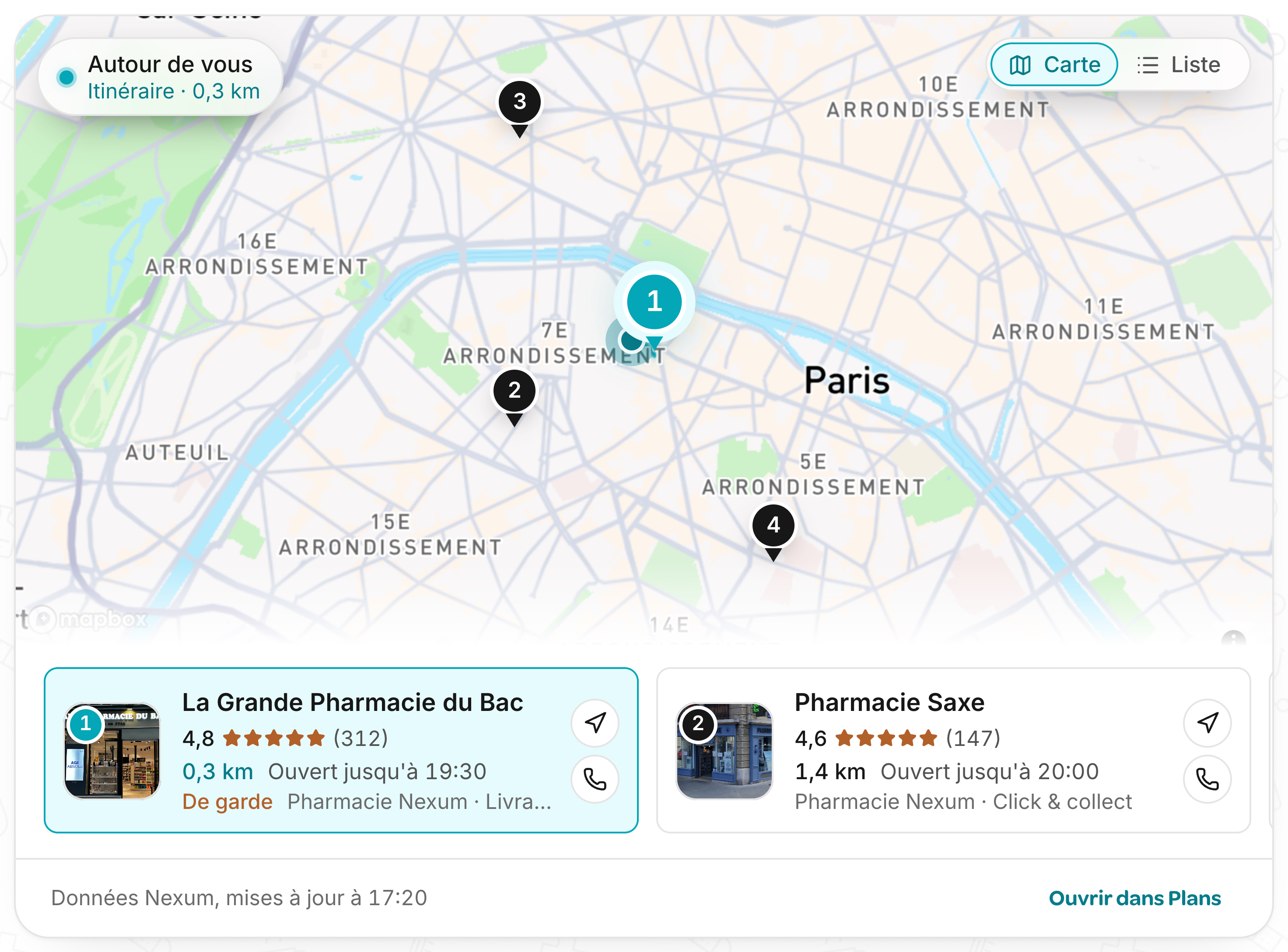 Widget de carte : les pharmacies autour du patient, épingles numérotées, itinéraire et fiches des officines de garde