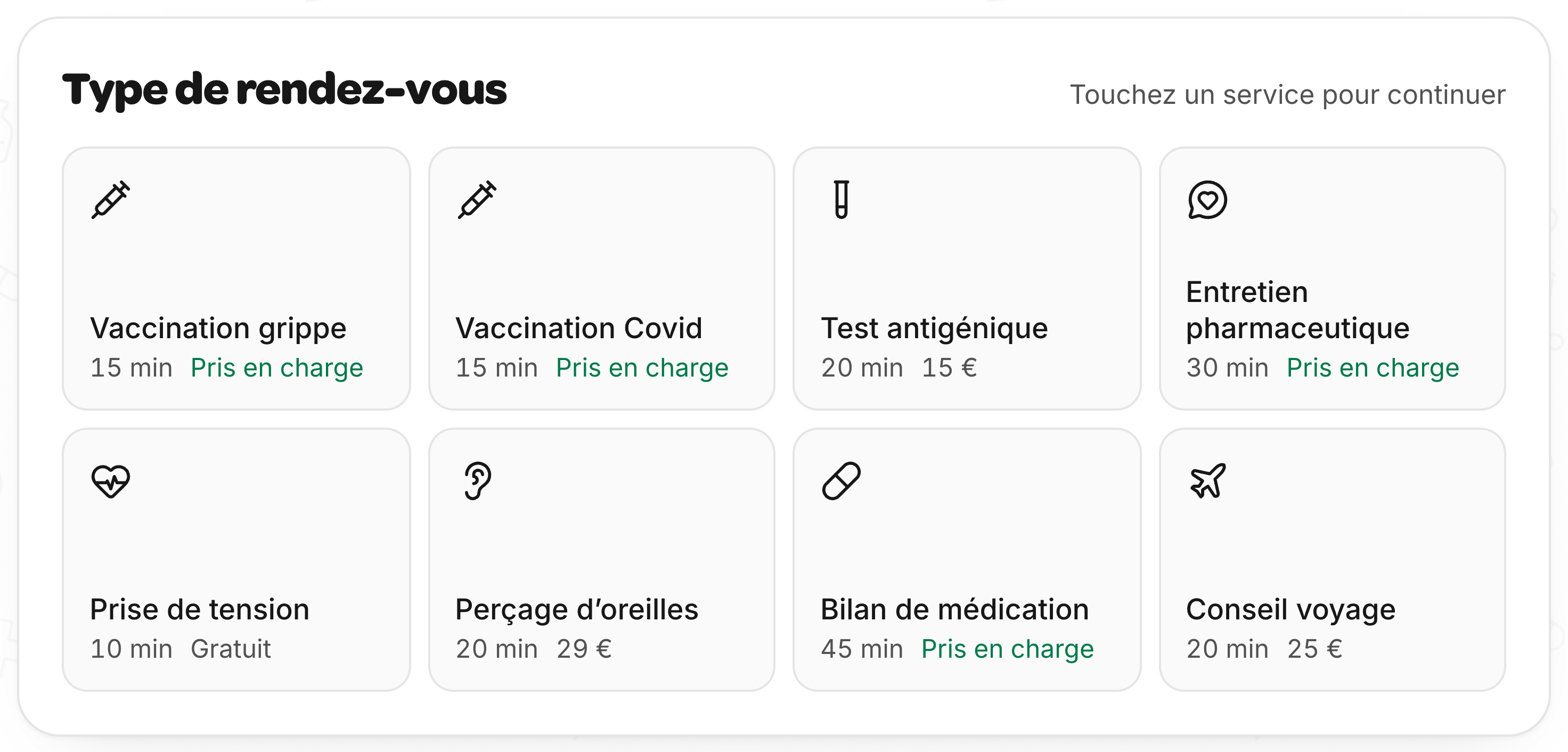 Widget de prise de rendez-vous : vaccination grippe, Covid, test antigénique, entretien pharmaceutique, tension, bilan et conseil voyage