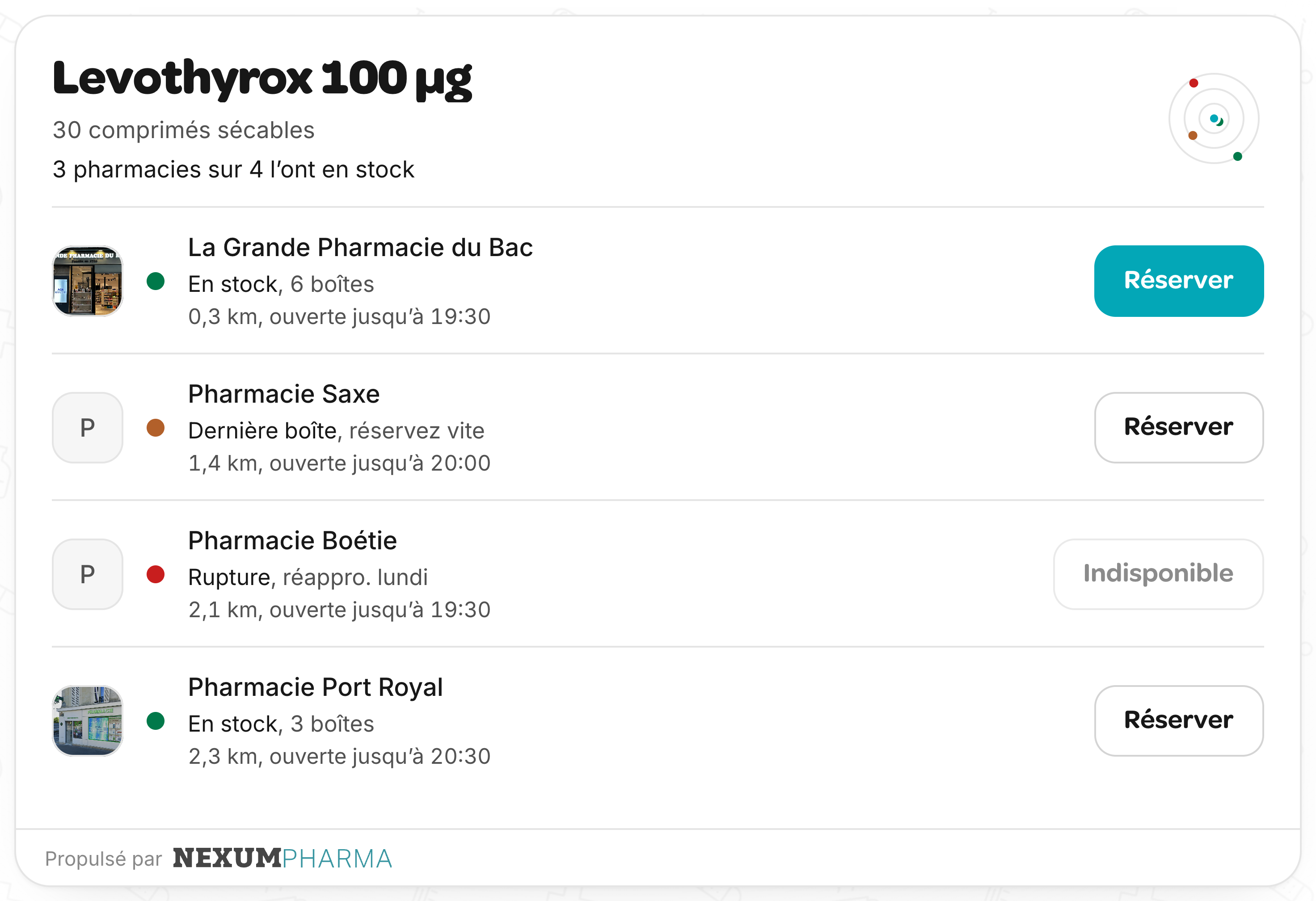 Widget de disponibilité : le Levothyrox 100 µg dans quatre officines, le stock de chacune, leur distance et un bouton Réserver