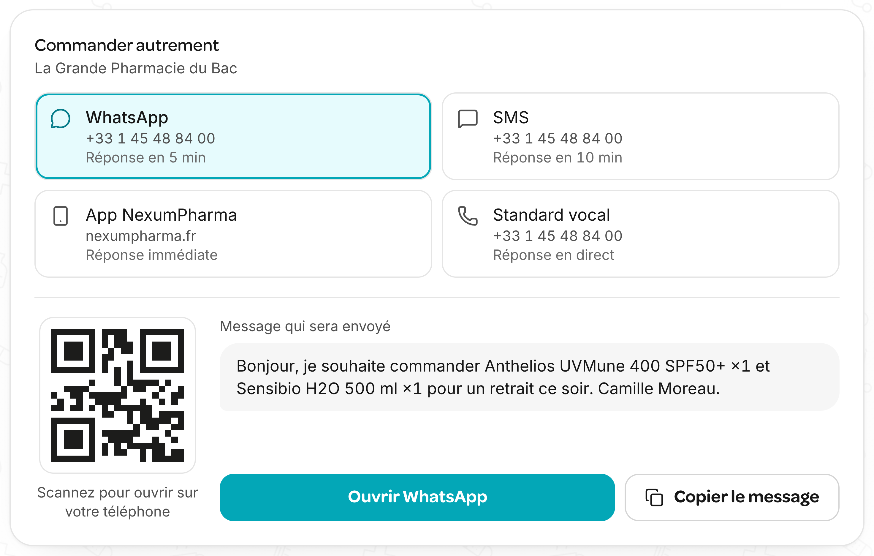 Widget de choix du canal : WhatsApp, SMS, application ou standard vocal, avec le message prêt à envoyer