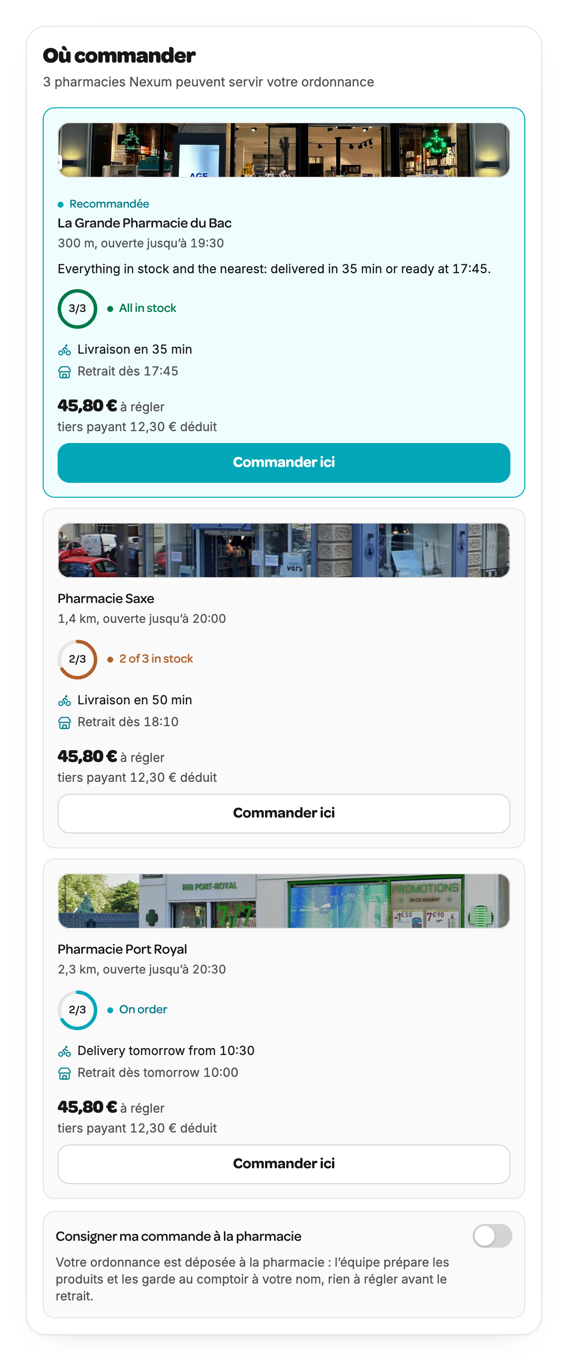 Widget d’analyse d’ordonnance : les officines où commander, avec le nombre de produits disponibles, le délai et le prix