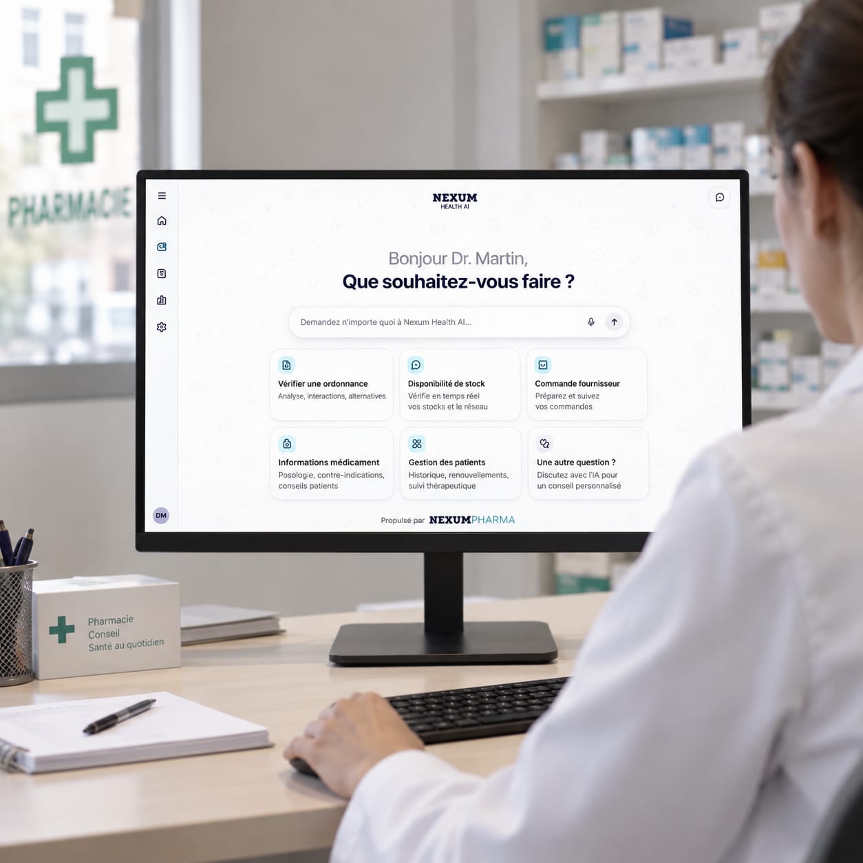 Pharmacy workstation with the Nexum Health AI agent open: a software suite written in-house by Nexum Technologies