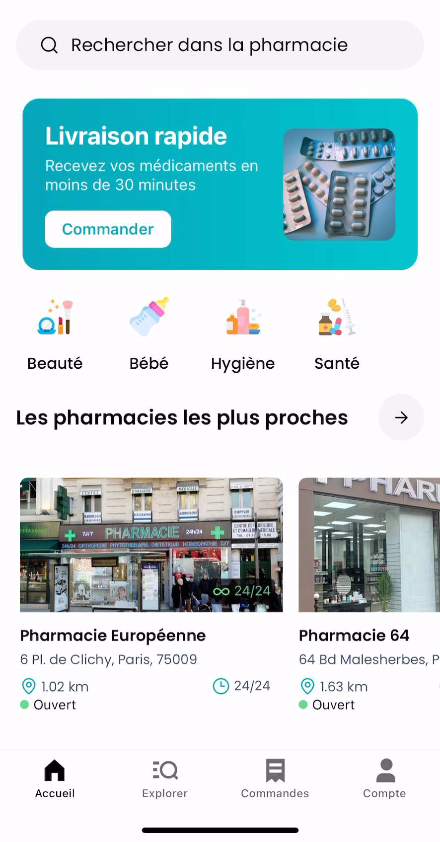 Écran d'accueil de l'application Nexum Pharma pour trouver une pharmacie