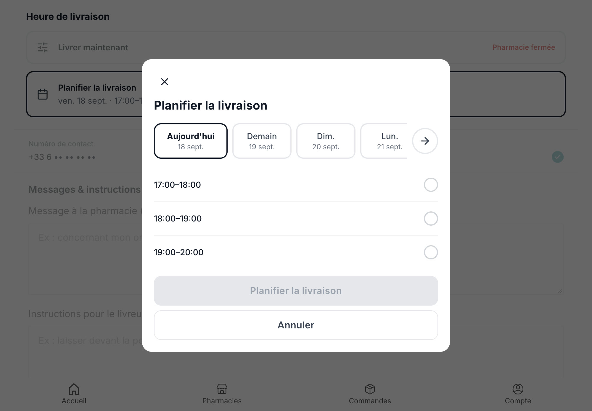 Écran de livraison planifiée dans l'application Nexum Pharma