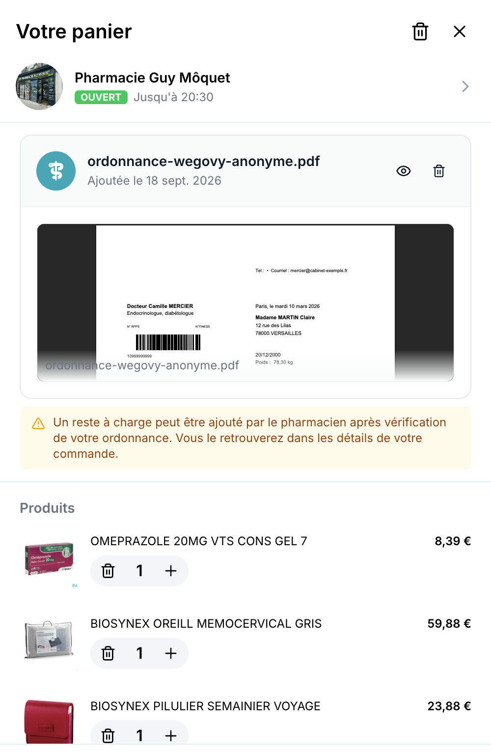 Ordonnance déposée et panier dans l'application Nexum Pharma sur mobile