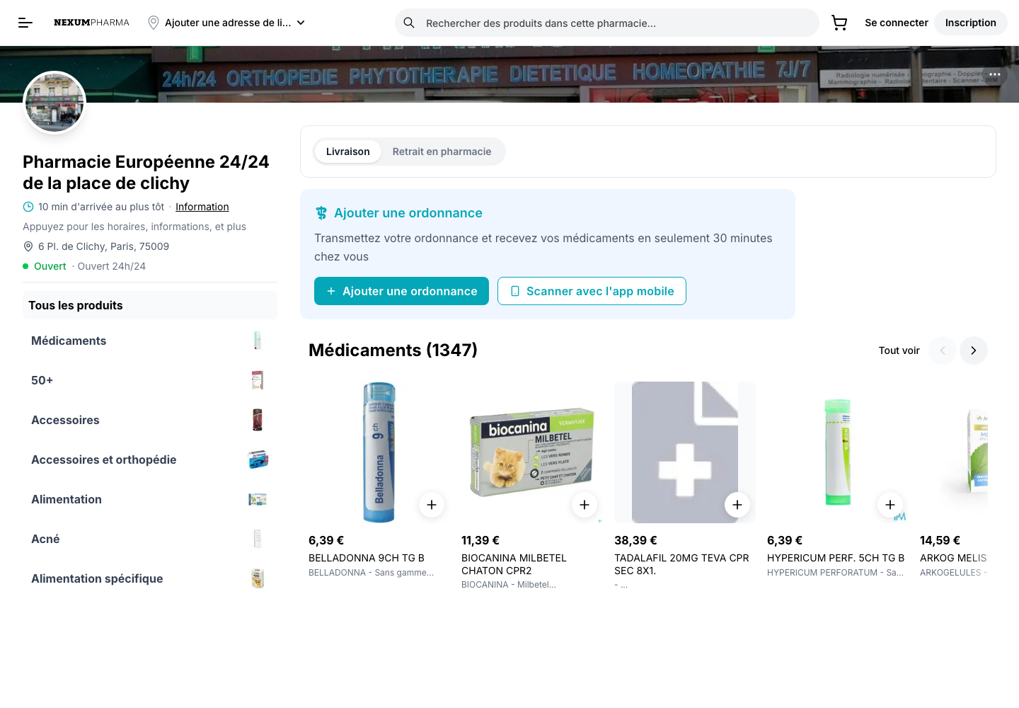 Page d’une pharmacie sur nexumpharma.fr : adresse, horaires, livraison ou retrait, dépôt d’ordonnance et rayons