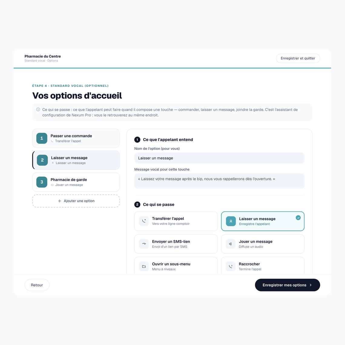 A Nexum Pro getting-started screen: the voice assistant options, with the greeting scenario and the settings offered
