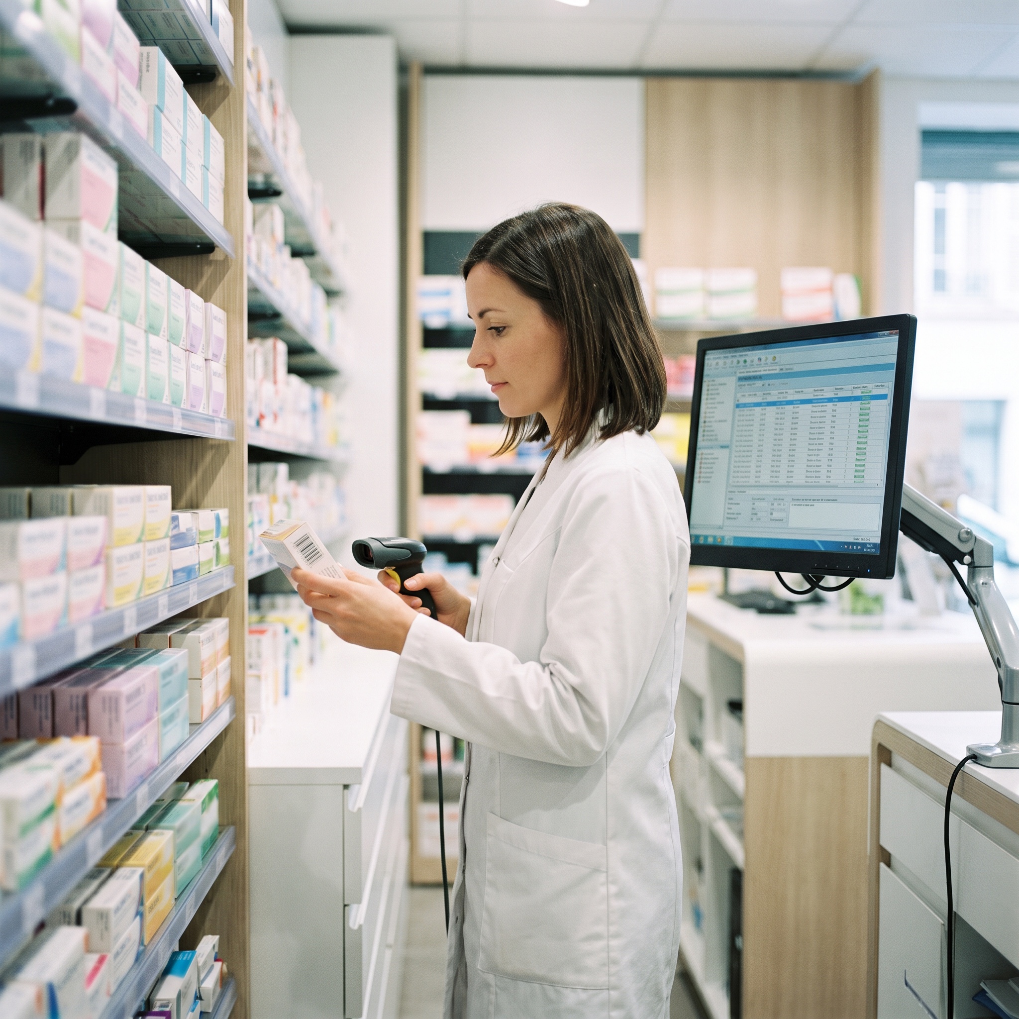 Una farmacista scansiona una confezione sullo scaffale, davanti allo schermo del software gestionale della farmacia