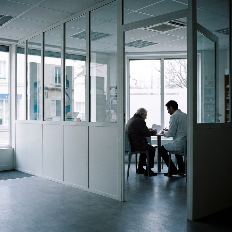 A pharmacy's private consultation area: a pharmacist receives a patient away from the counter
