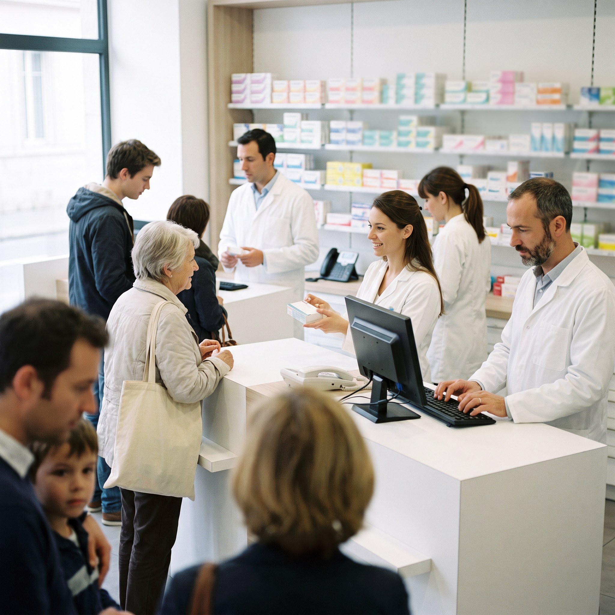 Il personale di una farmacia serve i pazienti a due banconi, il telefono posato e silenzioso