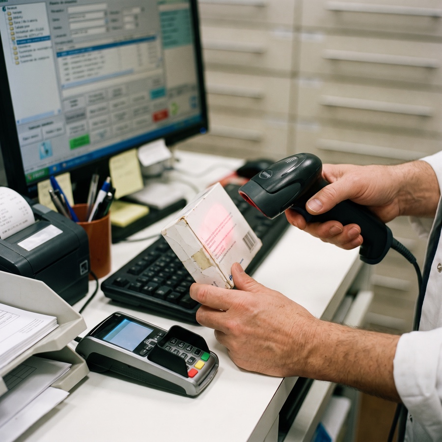 A box scanned with the barcode scanner at the counter: the pharmacy's stock is read in real time