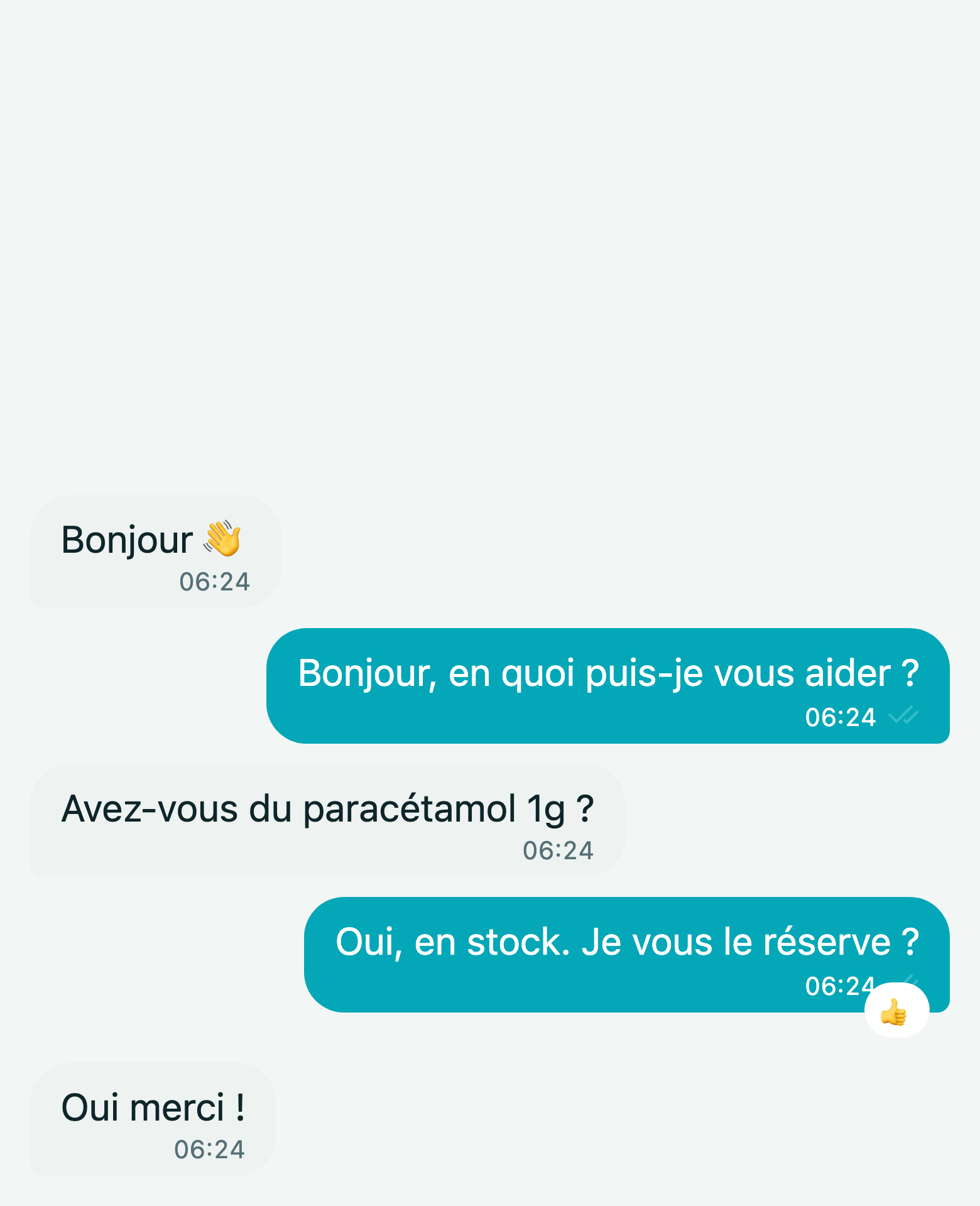 Filo di messaggistica: «Avete del paracetamolo 1 g?» — «Sì, in stock. Ve lo prenoto?» — «Sì grazie!».