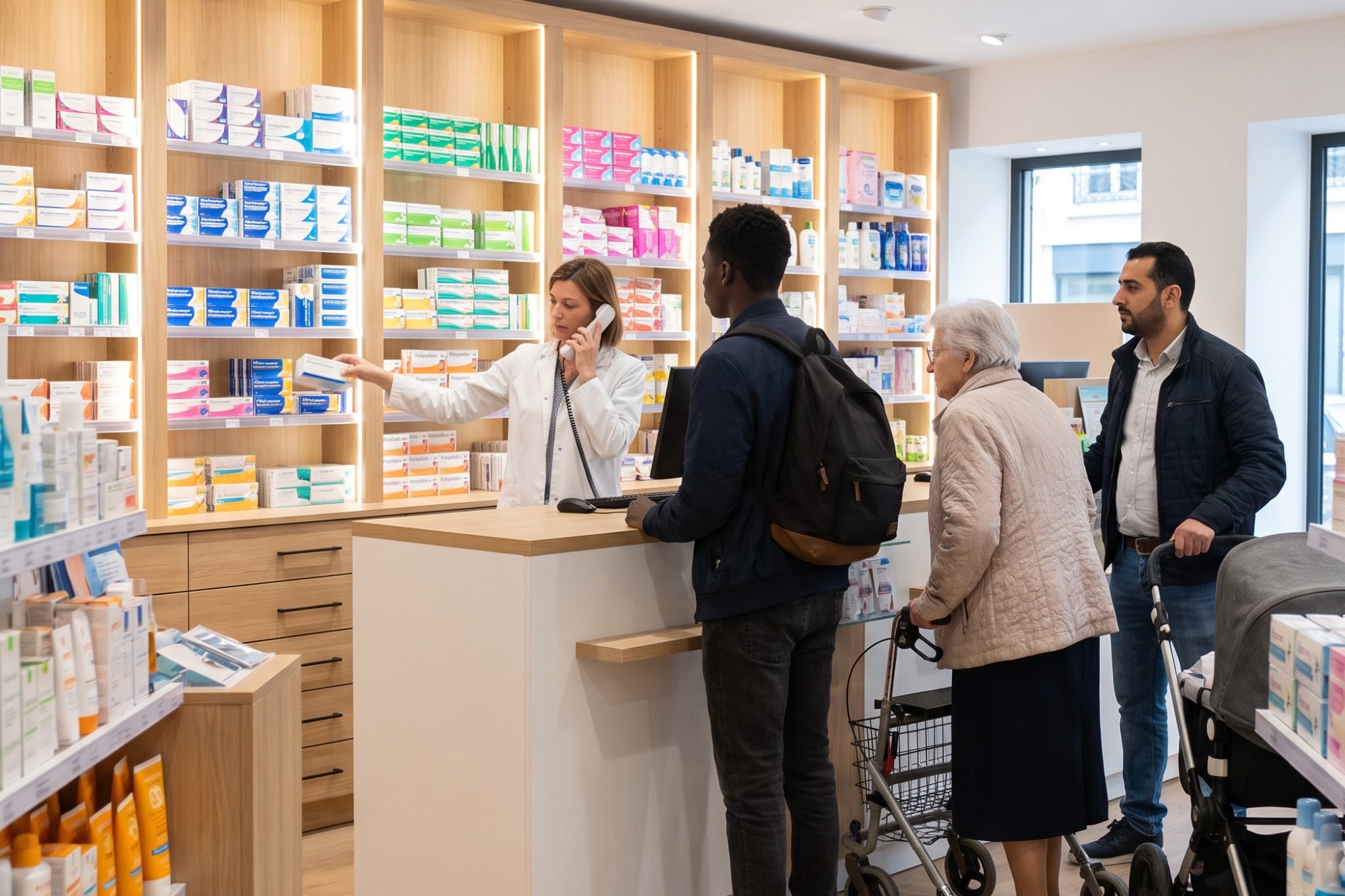 Am Handverkaufstisch nimmt eine telefonierende Apothekerin eine Packung aus dem Regal hinter ihr, während drei Kunden warten