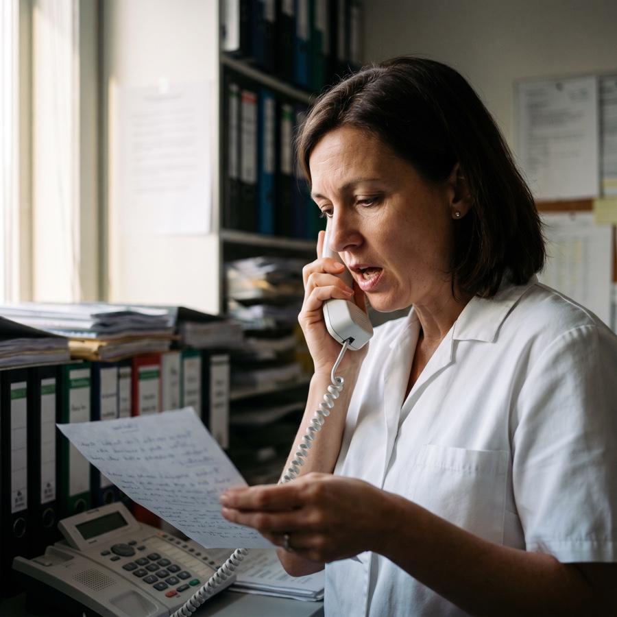 Una farmacéutica graba al auricular el mensaje de bienvenida telefónico de su farmacia, con el texto escrito a mano