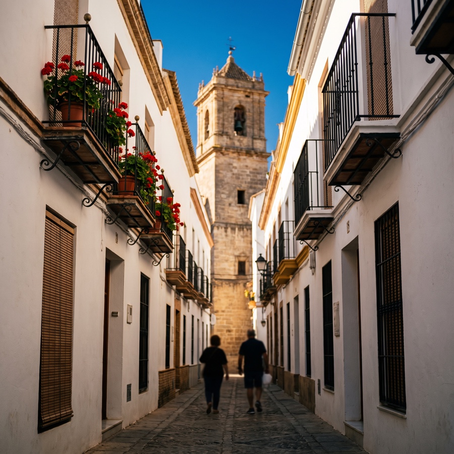 Vicolo di un centro storico andaluso, muri imbiancati a calce e balconi fioriti