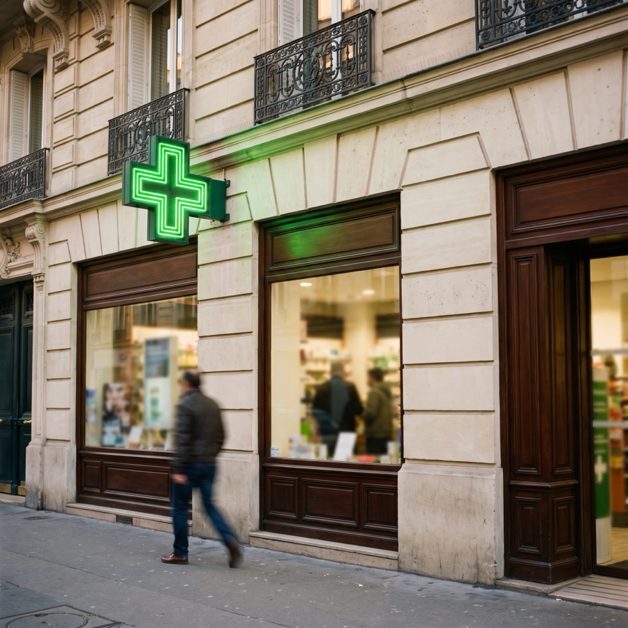 Vetrina di una farmacia francese e la sua croce verde, in una via haussmanniana