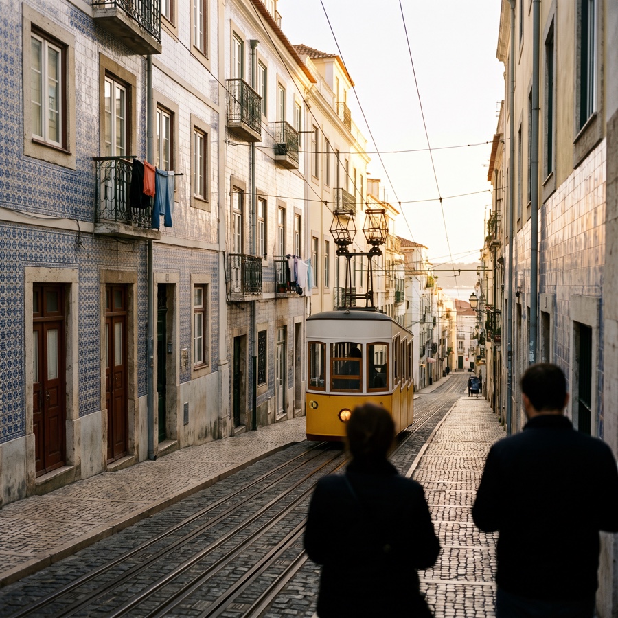 Tram giallo che risale una via di Lisbona fiancheggiata da facciate di azulejos