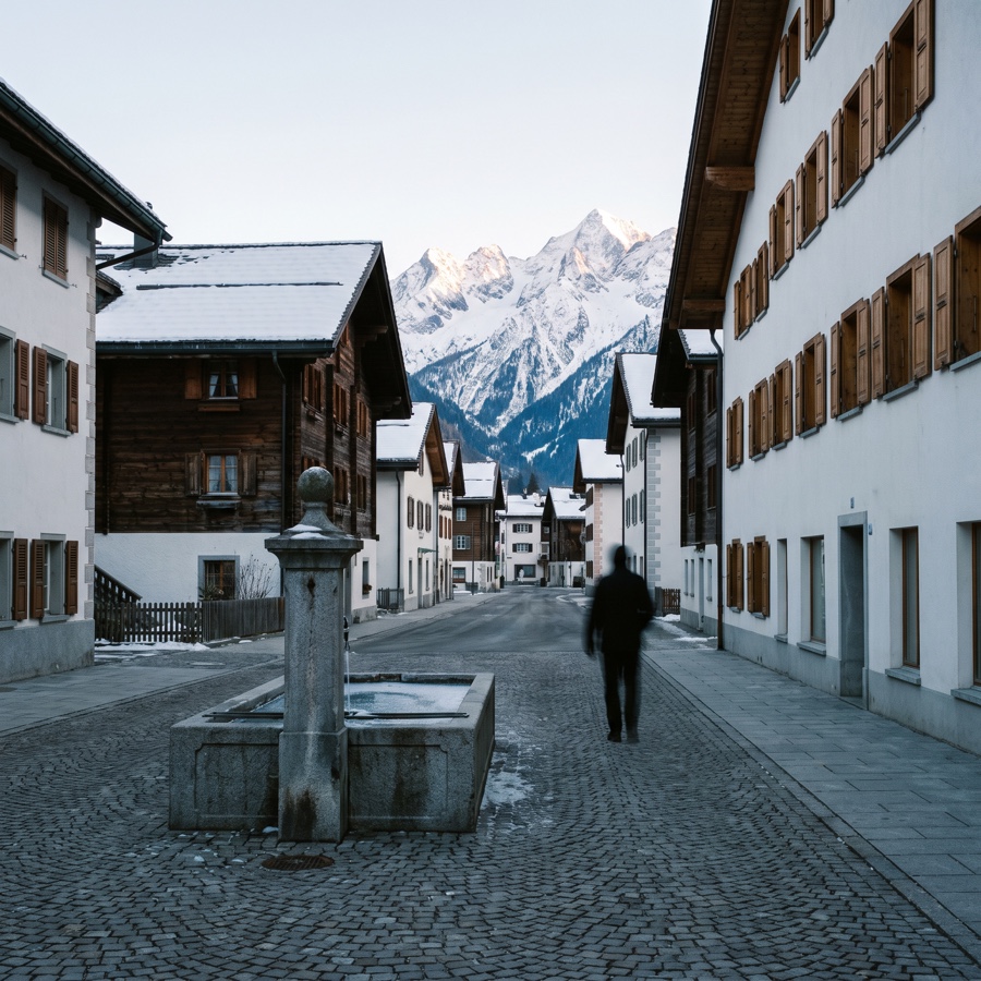 Via di un villaggio alpino svizzero, fontana in pietra e cime innevate sullo sfondo