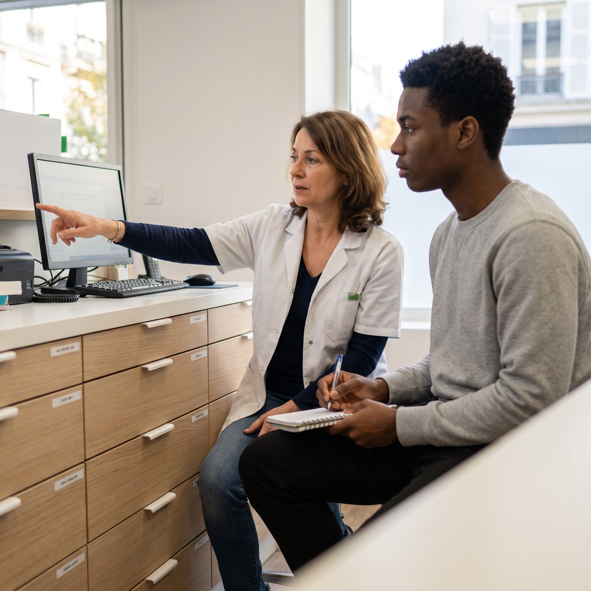 Une pharmacienne montre son écran à un collègue, derrière le comptoir