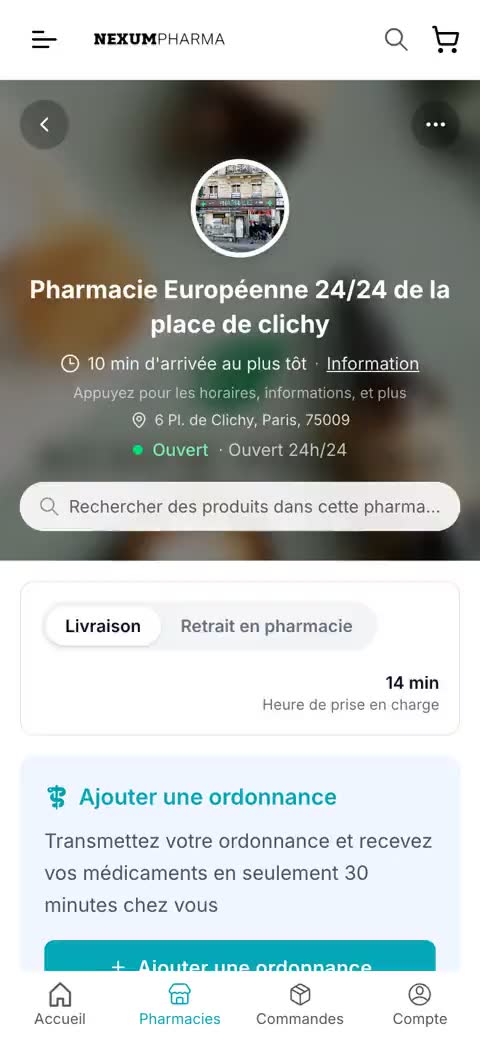 nexumpharma.fr su mobile: il catalogo di una farmacia che scorre, poi il reparto Farmaci — registrazione in loop