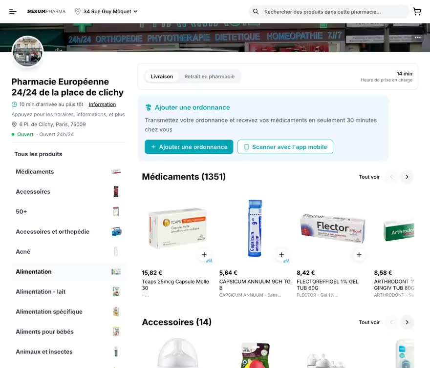 nexumpharma.fr: il catalogo di una farmacia che scorre, header fisso, poi il reparto Farmaci — registrazione in loop