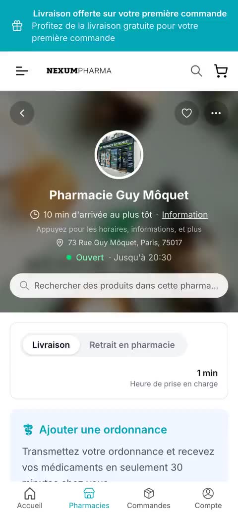 nexumpharma.fr su mobile: due prodotti aggiunti al carrello, il carrello, poi la pagina d'ordine con la consegna, l'indirizzo e il riepilogo — registrazione in loop