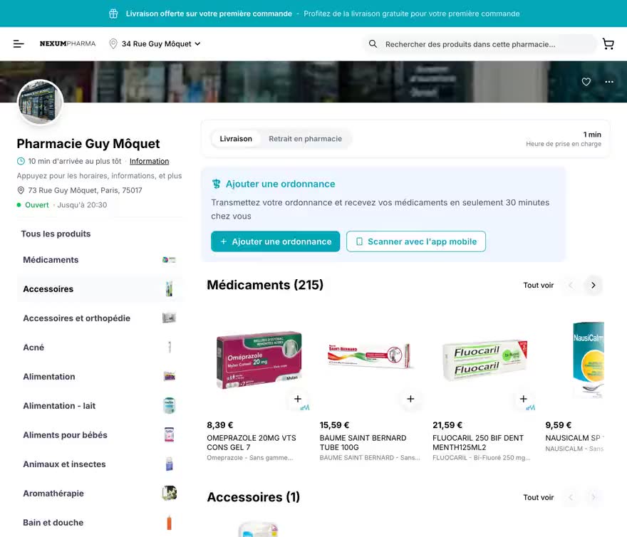 nexumpharma.fr: due prodotti aggiunti al carrello, il carrello, poi la pagina d'ordine con consegna o ritiro, indirizzo, orario e riepilogo — registrazione in loop