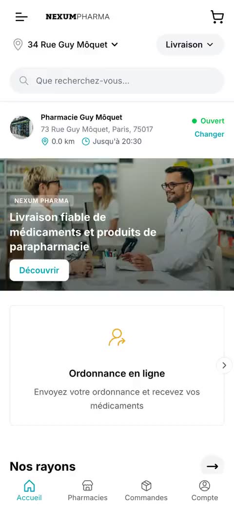 nexumpharma.fr su mobile: il feed dopo l'inserimento di un indirizzo, scorrimento dei reparti e delle farmacie vicine, poi la pagina di una farmacia e le sue informazioni — registrazione in loop