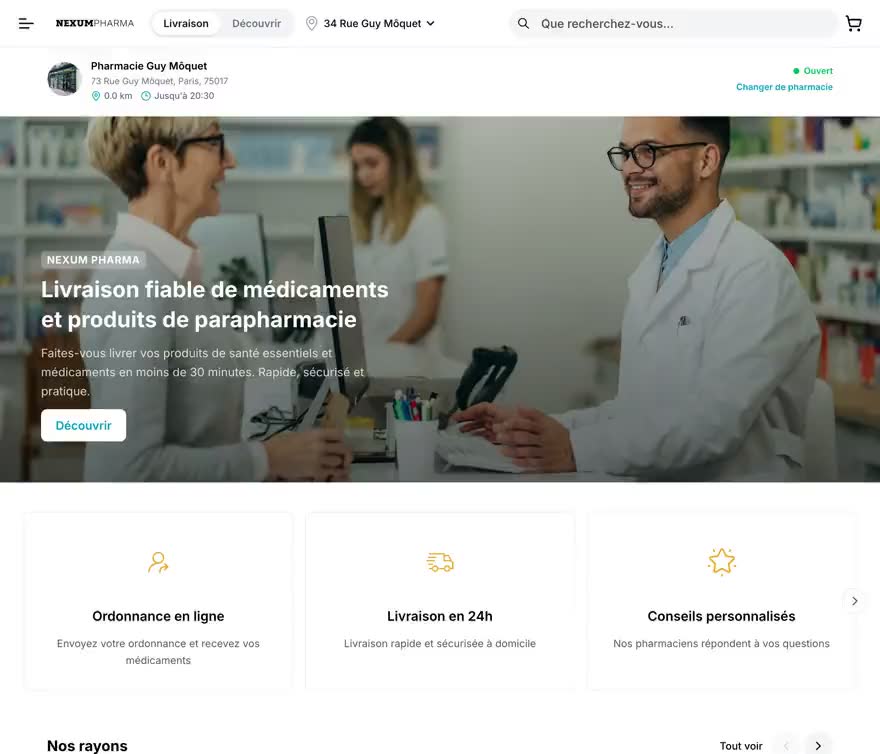 nexumpharma.fr: il feed dopo l'inserimento di un indirizzo, scorrimento, poi la pagina di una farmacia e la sua scheda informativa (indirizzo, orari, contatti) — registrazione in loop